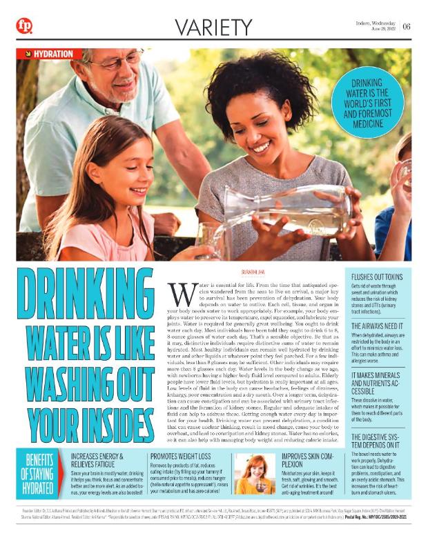 Newspaper page: Drinking water is the world's first and foremost medicine